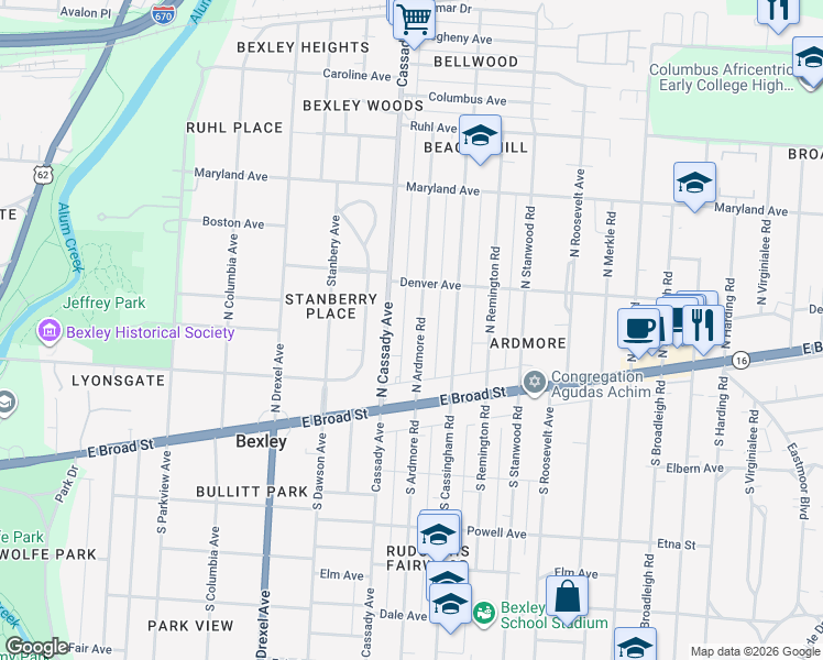 map of restaurants, bars, coffee shops, grocery stores, and more near 83 North Ardmore Road in Columbus