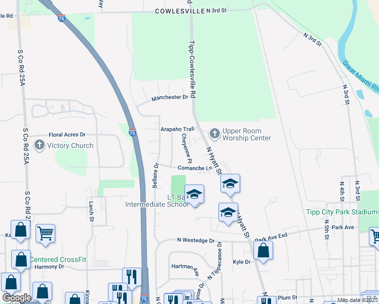 map of restaurants, bars, coffee shops, grocery stores, and more near 715 Cheyenne Place in Tipp City