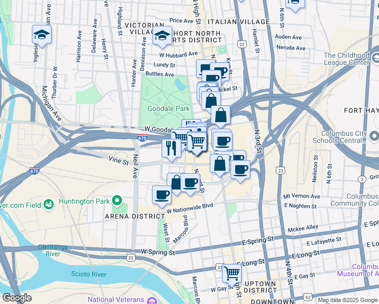 map of restaurants, bars, coffee shops, grocery stores, and more near 99 Worden Alley in Columbus