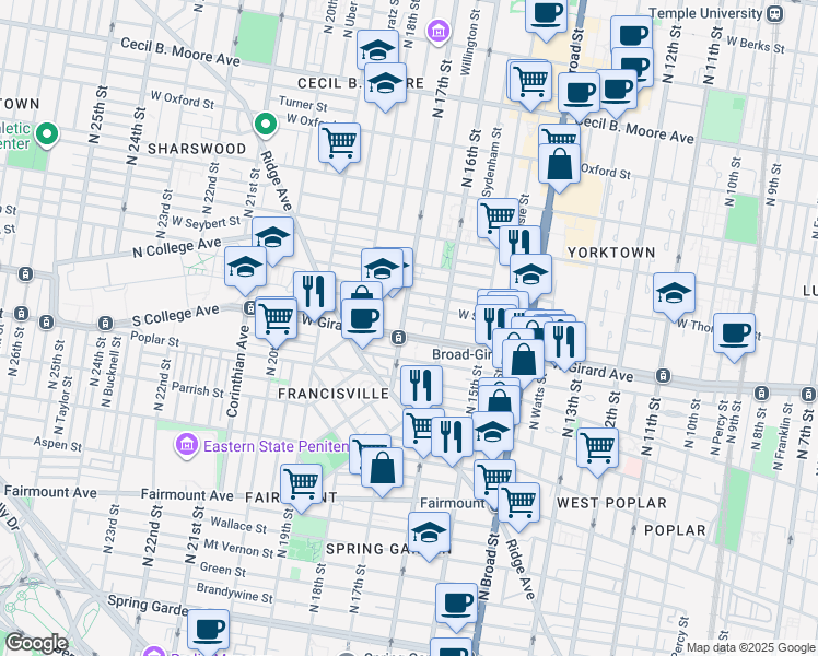 map of restaurants, bars, coffee shops, grocery stores, and more near 1617 West Girard Avenue in Philadelphia