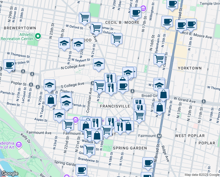 map of restaurants, bars, coffee shops, grocery stores, and more near 1902 West Girard Avenue in Philadelphia