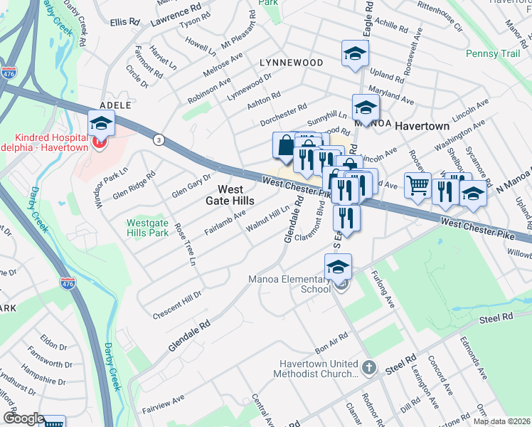 map of restaurants, bars, coffee shops, grocery stores, and more near 109 Walnut Hill Lane in Havertown