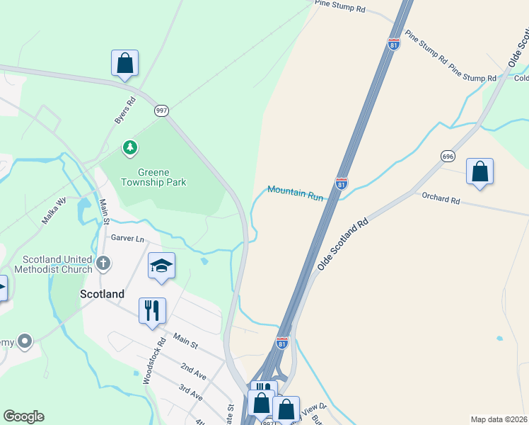 map of restaurants, bars, coffee shops, grocery stores, and more near 3263 Pennsylvania 997 in Chambersburg