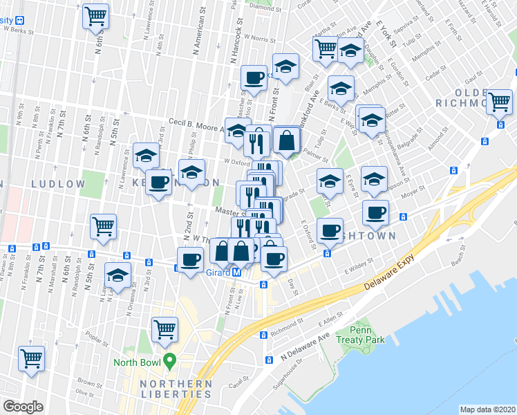 map of restaurants, bars, coffee shops, grocery stores, and more near 1421 North Front Street in Philadelphia