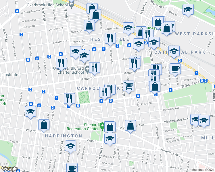 map of restaurants, bars, coffee shops, grocery stores, and more near 1300 North 56th Street in Philadelphia