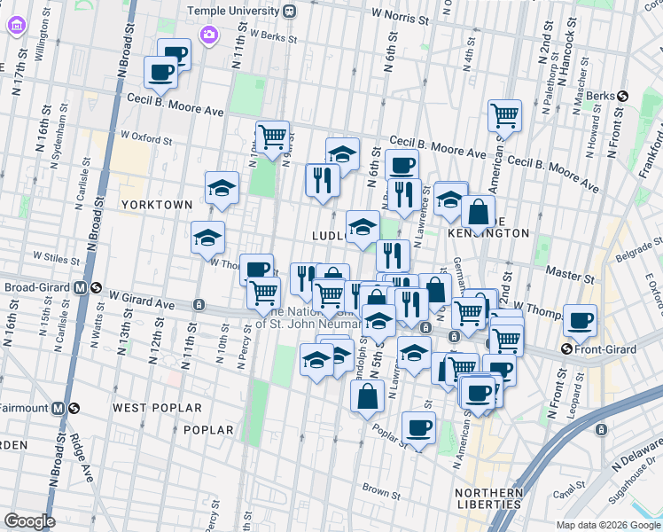 map of restaurants, bars, coffee shops, grocery stores, and more near 1323 North 7th Street in Philadelphia