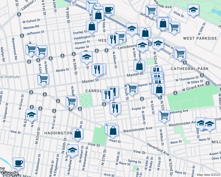 map of restaurants, bars, coffee shops, grocery stores, and more near 1300 North 56th Street in Philadelphia