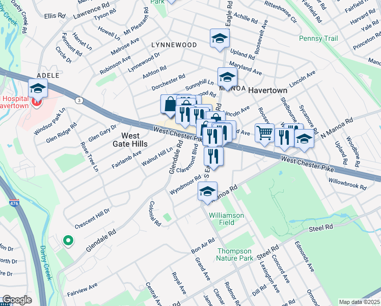 map of restaurants, bars, coffee shops, grocery stores, and more near 14 Claremont Boulevard in Havertown