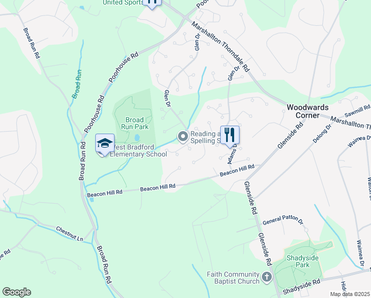 map of restaurants, bars, coffee shops, grocery stores, and more near 1415 Henry Drive in Downingtown