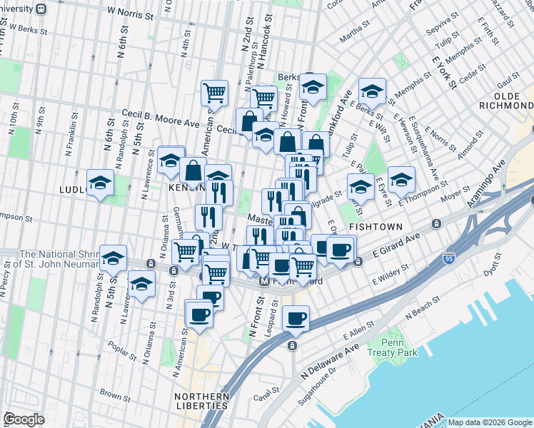 map of restaurants, bars, coffee shops, grocery stores, and more near 38 Master Street in Philadelphia