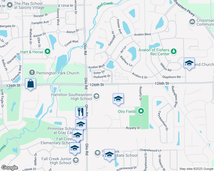 map of restaurants, bars, coffee shops, grocery stores, and more near 13910 East 126th Street in Fishers