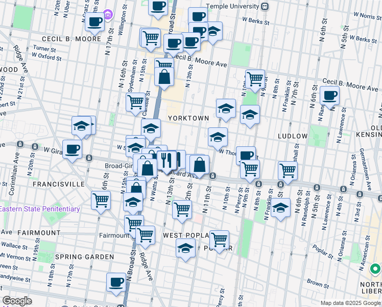 map of restaurants, bars, coffee shops, grocery stores, and more near 1236 North 12th Street in Philadelphia