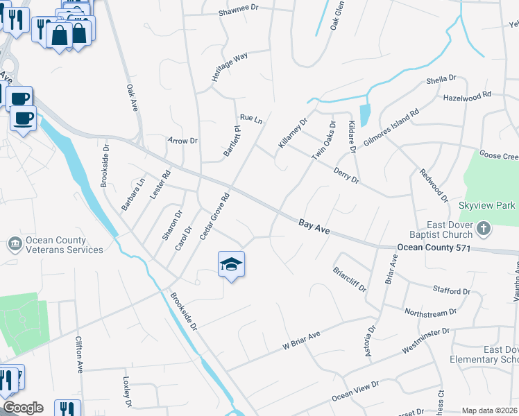 map of restaurants, bars, coffee shops, grocery stores, and more near in Toms River