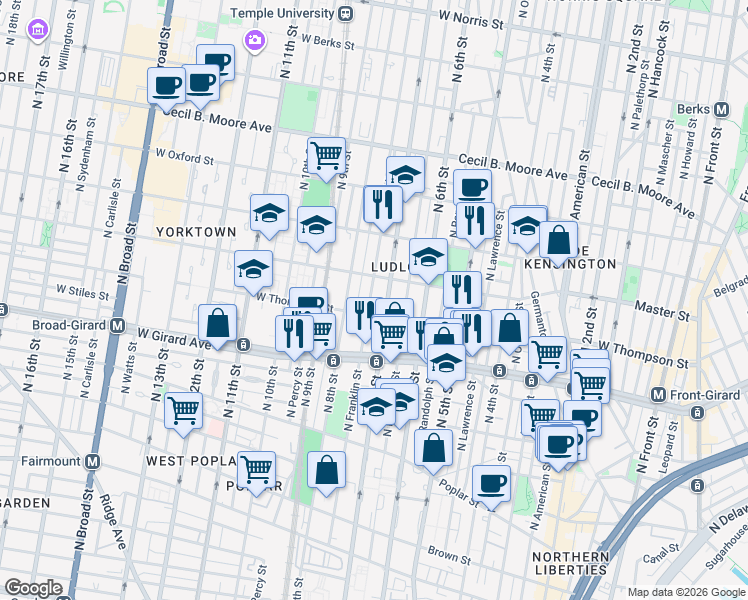 map of restaurants, bars, coffee shops, grocery stores, and more near 1319 North Franklin Street in Philadelphia