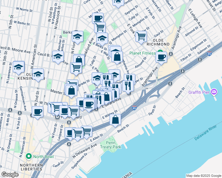map of restaurants, bars, coffee shops, grocery stores, and more near 525 East Cabot Street in Philadelphia