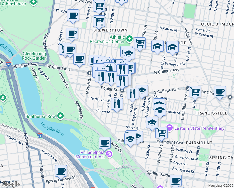 map of restaurants, bars, coffee shops, grocery stores, and more near 881 North Taney Street in Philadelphia
