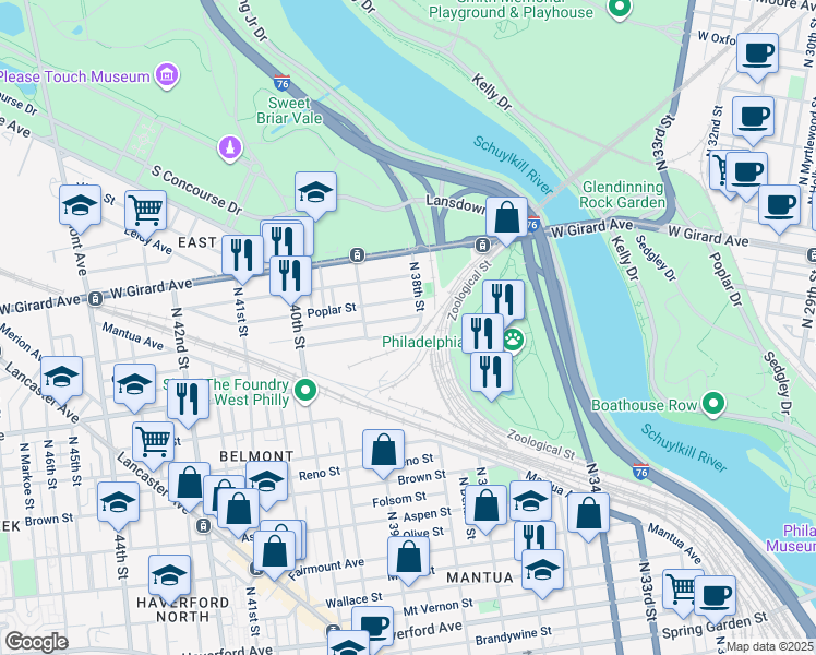 map of restaurants, bars, coffee shops, grocery stores, and more near 3807 Pennsgrove Street in Philadelphia