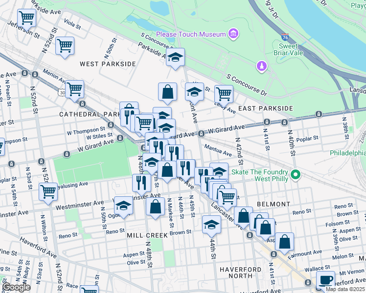map of restaurants, bars, coffee shops, grocery stores, and more near 1039 North 46th Street in Philadelphia