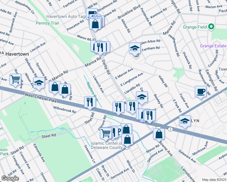map of restaurants, bars, coffee shops, grocery stores, and more near 16 West Langhorne Avenue in Havertown