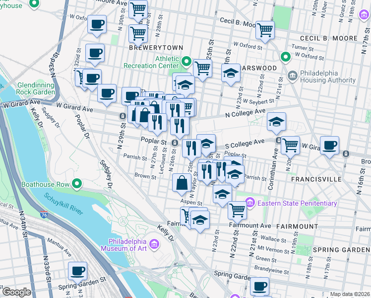 map of restaurants, bars, coffee shops, grocery stores, and more near 851 North Bambrey Street in Philadelphia