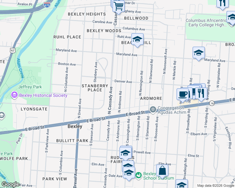 map of restaurants, bars, coffee shops, grocery stores, and more near 83 North Ardmore Road in Columbus