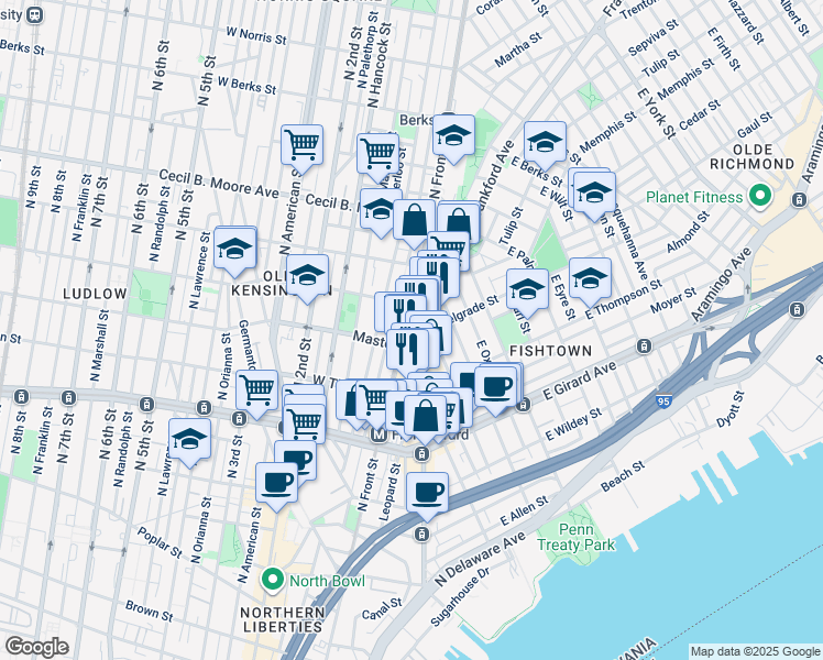 map of restaurants, bars, coffee shops, grocery stores, and more near 1421 North Front Street in Philadelphia