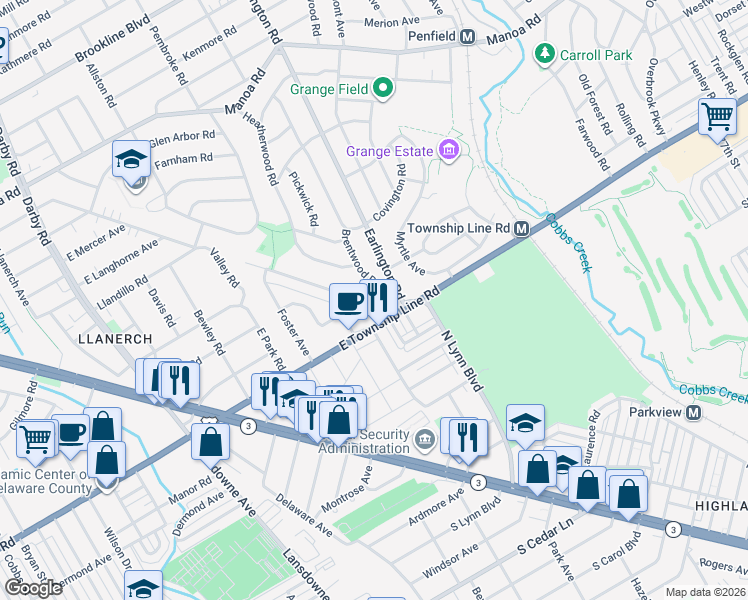 map of restaurants, bars, coffee shops, grocery stores, and more near 20 Juniper Road in Havertown