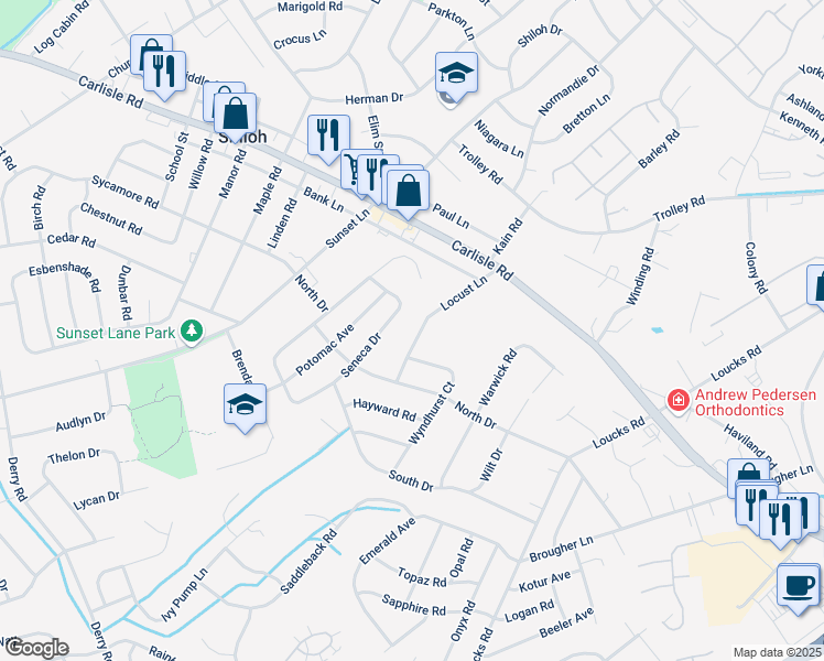 map of restaurants, bars, coffee shops, grocery stores, and more near 2273 Locust Lane in Shiloh
