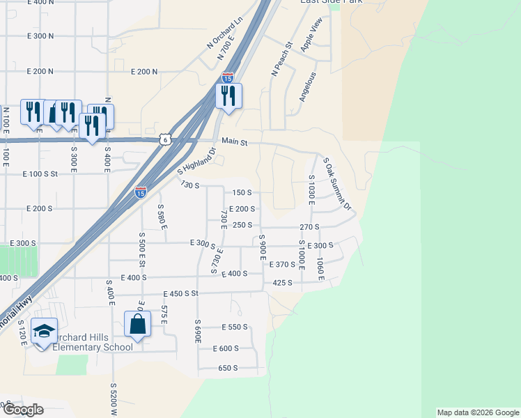 map of restaurants, bars, coffee shops, grocery stores, and more near 975 East 200 South in Santaquin