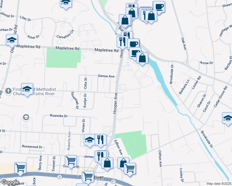 map of restaurants, bars, coffee shops, grocery stores, and more near Hooper Avenue & Chestnut Street in Toms River