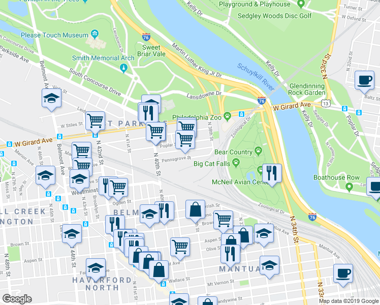 map of restaurants, bars, coffee shops, grocery stores, and more near 3872 Wyalusing Avenue in Philadelphia