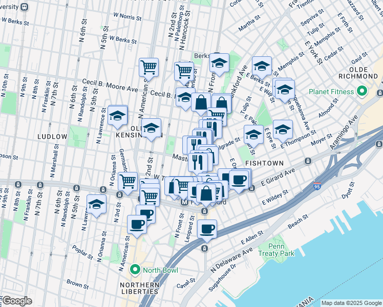 map of restaurants, bars, coffee shops, grocery stores, and more near 1437 North Hope Street in Philadelphia