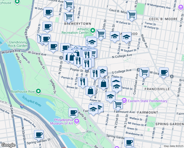 map of restaurants, bars, coffee shops, grocery stores, and more near 2520 Poplar Street in Philadelphia