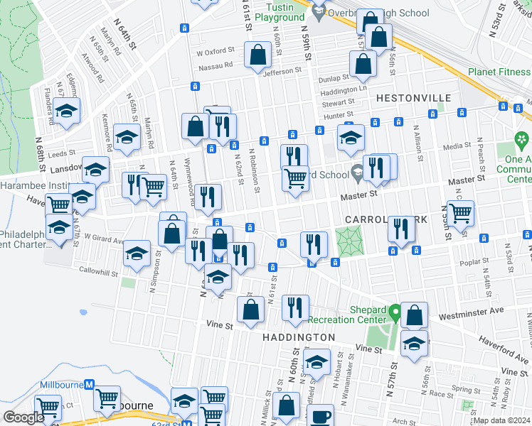 map of restaurants, bars, coffee shops, grocery stores, and more near 6116 Master Street in Philadelphia