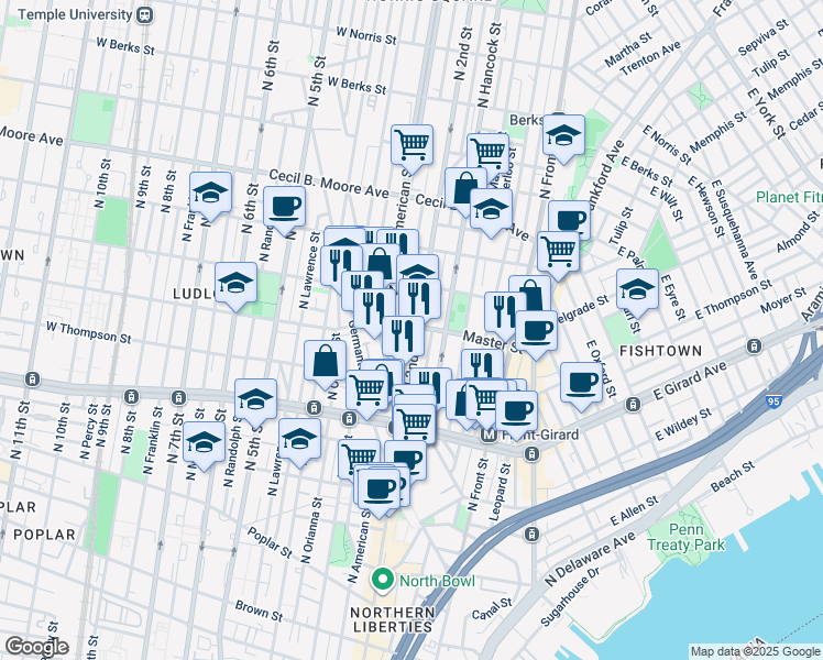 map of restaurants, bars, coffee shops, grocery stores, and more near 1354 North 2nd Street in Philadelphia