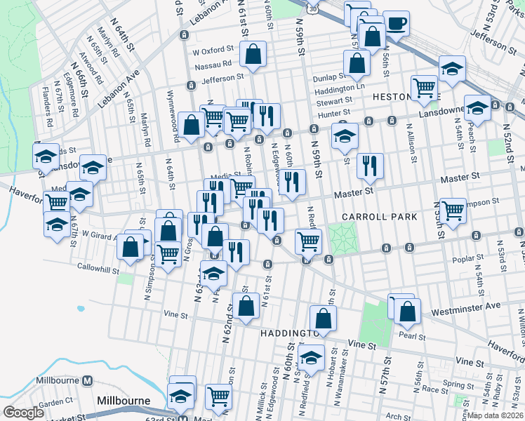 map of restaurants, bars, coffee shops, grocery stores, and more near in Philadelphia
