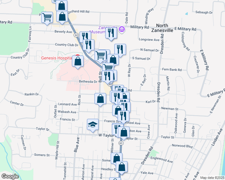 map of restaurants, bars, coffee shops, grocery stores, and more near 2694 Maple Avenue in Zanesville