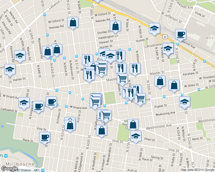 map of restaurants, bars, coffee shops, grocery stores, and more near 1325 North Hobart Street in Philadelphia