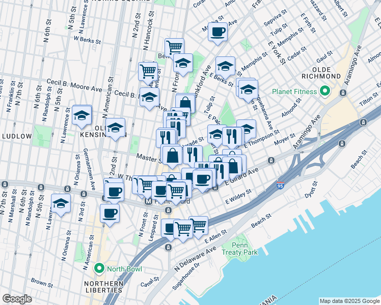 map of restaurants, bars, coffee shops, grocery stores, and more near 1340 East Oxford Street in Philadelphia