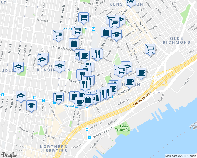 map of restaurants, bars, coffee shops, grocery stores, and more near 1340 East Oxford Street in Philadelphia