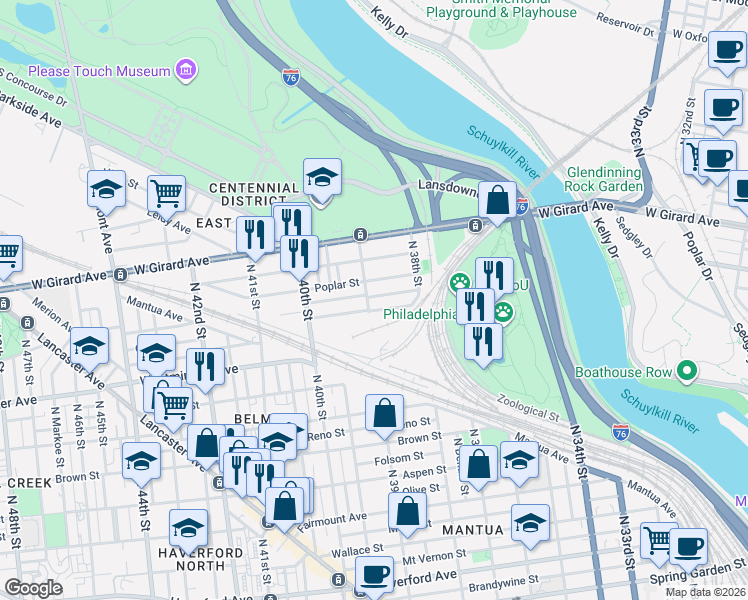 map of restaurants, bars, coffee shops, grocery stores, and more near 3872 Wyalusing Avenue in Philadelphia
