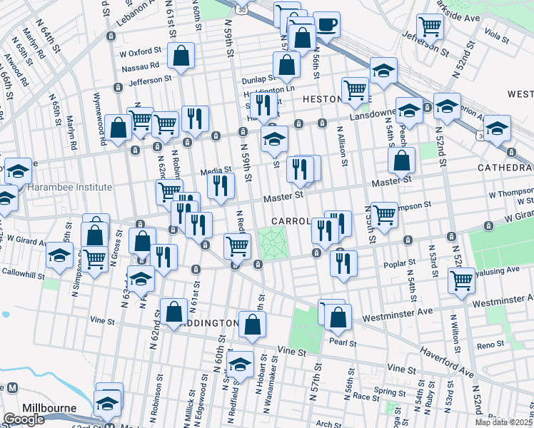map of restaurants, bars, coffee shops, grocery stores, and more near 1325 North Hobart Street in Philadelphia