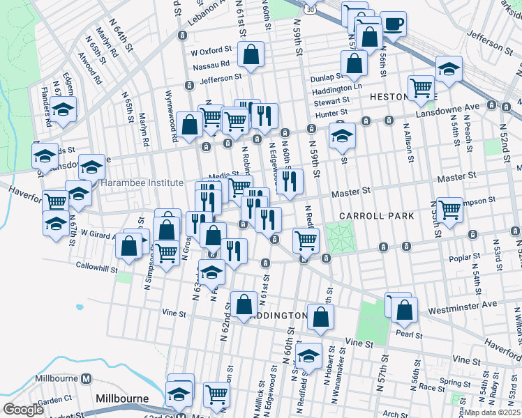 map of restaurants, bars, coffee shops, grocery stores, and more near 6112 Master Street in Philadelphia