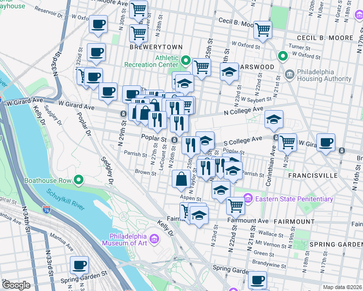 map of restaurants, bars, coffee shops, grocery stores, and more near 851 North Bambrey Street in Philadelphia