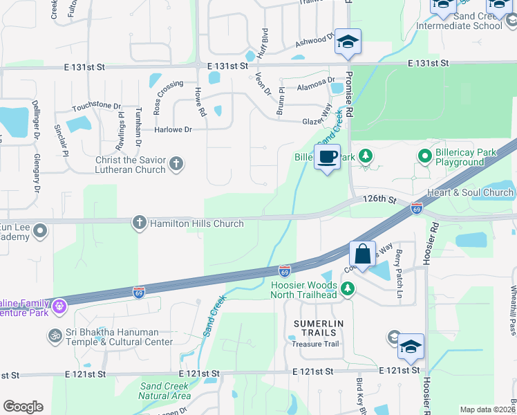 map of restaurants, bars, coffee shops, grocery stores, and more near 10543 East 126th Street in Fishers