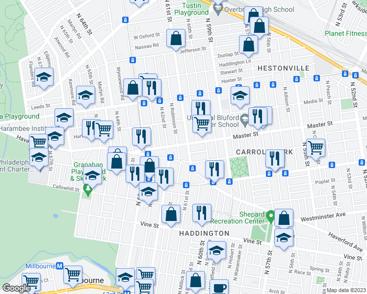 map of restaurants, bars, coffee shops, grocery stores, and more near 6112 Master Street in Philadelphia