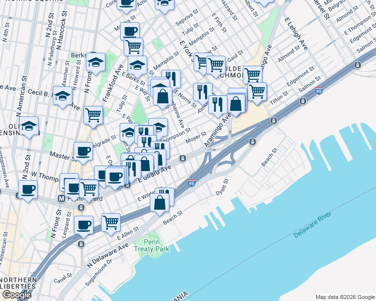map of restaurants, bars, coffee shops, grocery stores, and more near in Philadelphia