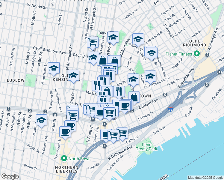 map of restaurants, bars, coffee shops, grocery stores, and more near 1360 Marlborough Street in Philadelphia