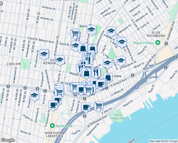 map of restaurants, bars, coffee shops, grocery stores, and more near 210 Belgrade Street in Philadelphia