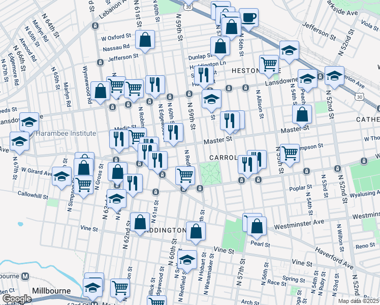 map of restaurants, bars, coffee shops, grocery stores, and more near 1327 North Redfield Street in Philadelphia